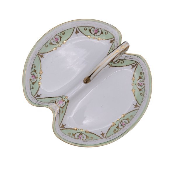 VTG Nippon Porcelain Handle Dish Basket Hand Painted Candy Dish Mint  White Gold - Picture 2 of 9
